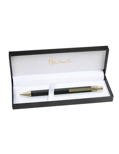 Boligrafo Belius Potsdam Negro Y Dorado Cuerpo Fibra Carbon Tinta Gel Azul En Estuche