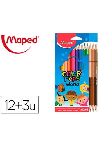 Lapices De Colores Maped Color Peps World Caja De 12 Colores Surtidos + 3 Duo Tonos De Piel