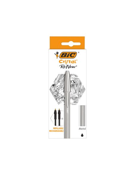 Boligrafo Bic Cristal Renew Cuerpo En Aluminio Mate Tinta Negro + 2 Recambios En Caja De Carton