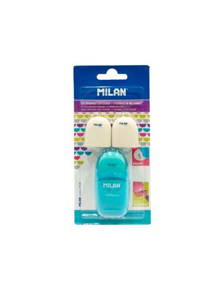 Sacapuntas Milan Capsule Plastico 1 Uso Con Goma + 2 Recambios De Goma En Blister