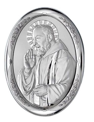 Medalla Cuna Plata Oval  Rosa 8X11Cm Padre Pio