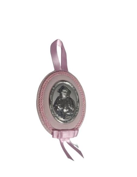 Medalla Cuna Plata Oval Rosa 8X11Cm Corazon Jesus