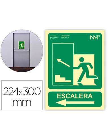 Pictograma Archivo 2000 Salida Emergencia Escalera Sube Izquierda Pvc Verde Luminiscente 224X300 Mm
