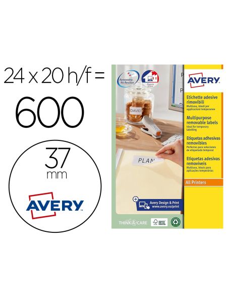 Etiqueta Adhesiva Avery Blanca Redonda Removible Para Laser Ink-Jet Fotocopiadora 37 Mm Caja De 600 Unidades