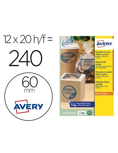 Etiqueta Adhesiva Avery Kraft Efecto Carton Redonda 60 Mm Removible Para Laser Ink-Jet Caja De 300 Unidades