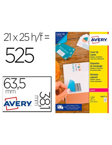 Etiqueta Adhesiva Cubriente Avery Permanente Para Impresora Laser Blanca 63,5X 38,1 Mm Caja De 525 Unidades