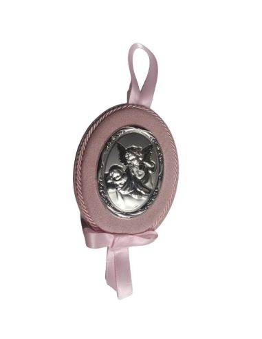 Medalla Cuna Plata Oval Rosa 8X11Cm Angel Farol 2538