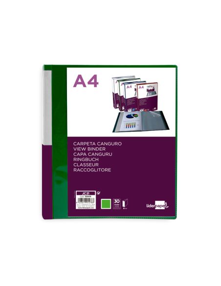 Carpeta Liderpapel 30 Fundas Canguro Pp Din A4 Verde Translucido Portada Y Lomo Personalizable|Libreriasalesiana