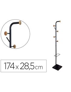 Perchero Metalico Q-Connect Negro Con Detalles De Madera 6 Colgadores Y Paraguero 174X28,5 Cm