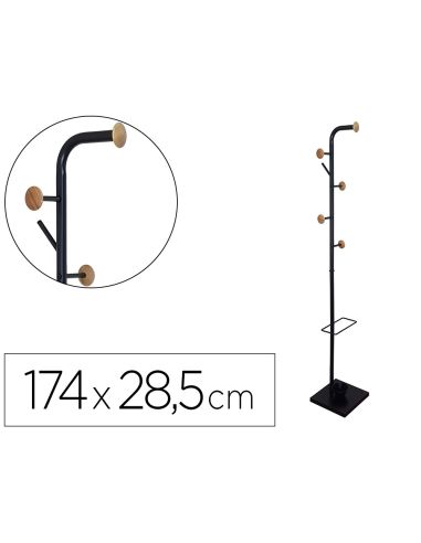 Perchero Metalico Q-Connect Negro Con Detalles De Madera 6 Colgadores Y Paraguero 174X28,5 Cm