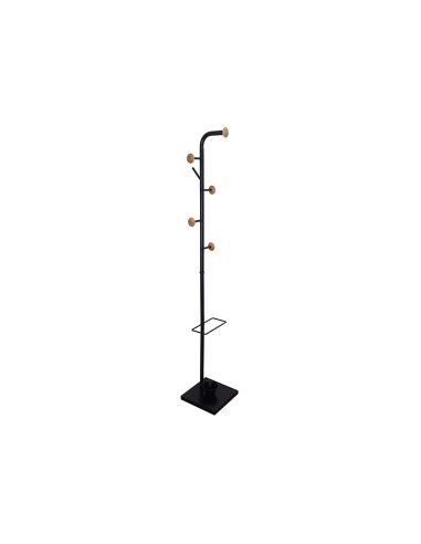 Perchero Metalico Q-Connect Negro Con Detalles De Madera 6 Colgadores Y Paraguero 174X28,5 Cm