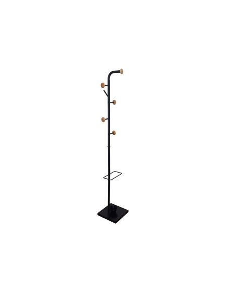 Perchero Metalico Q-Connect Negro Con Detalles De Madera 6 Colgadores Y Paraguero 174X28,5 Cm