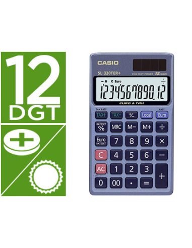 Calculadora Casio Sl-320Ter Bolsillo 12 Digitos Tax +/- Conversion Moneda Tecla Doble Cero Color Azul