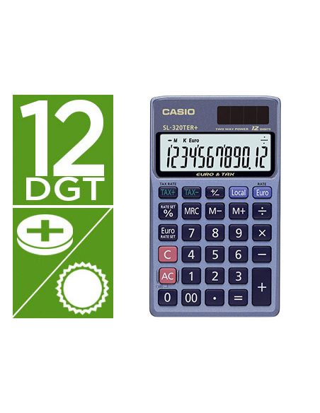 Calculadora Casio Sl-320Ter Bolsillo 12 Digitos Tax +/- Conversion Moneda Tecla Doble Cero Color Azul