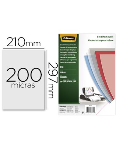 Tapa De Encuadernacion Fellowes Din A4 Pvc Transparente Cristal 200 Micras Pack De 100 Unidades