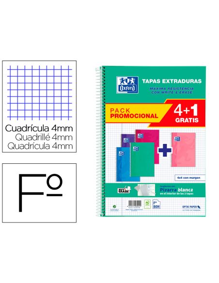 Cuaderno Espiral Oxford Tapa Extradura Folio 80 Hojas Cuadro 4 Mm Con Pizarra Blancapack 4+1 Colores Tendencia