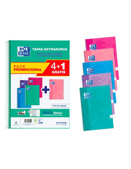 Cuaderno Espiral Oxford Tapa Extradura Folio 80 Hojas Cuadro 4 Mm Con Pizarra Blancapack 4+1 Colores Tendencia