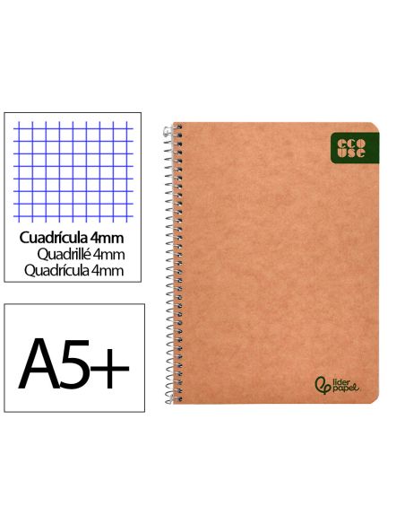 Cuaderno Espiral Liderpapel A5 Ecouse Tapa Cartulina Kraft 80H Papel Reciclado 80Gr Cuadro 4Mm