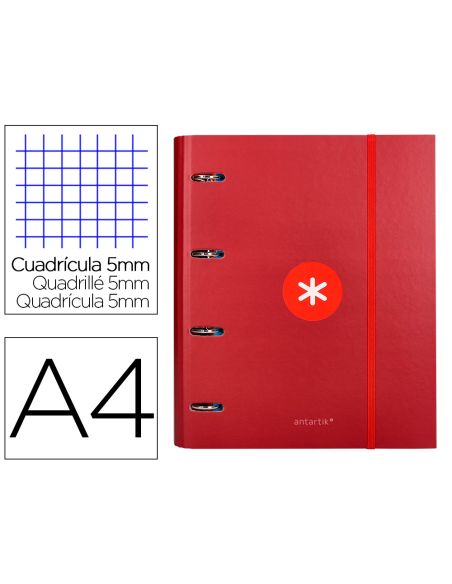 Carpeta Con Recambio Antartik A4 Cuadro 5Mm Forrada 4 Anillas 40Mm Redondas Con Solapa Color Frambuesa