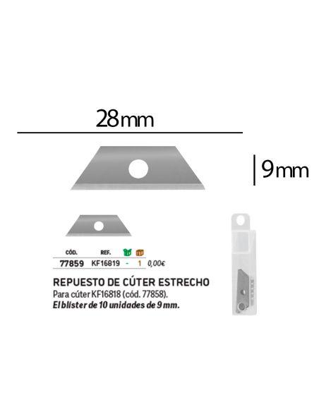 Repuesto Cuter Q-Connect Estrecho Para Modelo Kf16818 Cuchilla 9 Mm Blister 10 Unidades