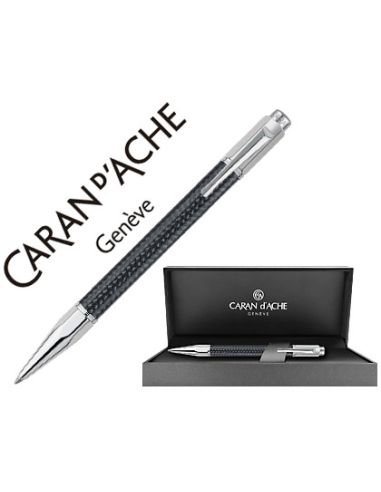 Boligrafo Caran D'Ache Varius Cuerpo Fibra De Carbon 3000 Negro Placado Rodio Con Estuche Punta Media
