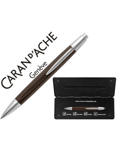 Boligrafo Caran D'Ache Alchemix Cuerpo Madera Wenge Adornos Cromados Brillante Con Estuche Punta Media