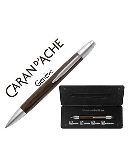 Boligrafo Caran D'Ache Alchemix Cuerpo Madera Wenge Adornos Cromados Brillante Con Estuche Punta Media