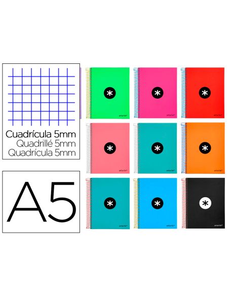 Cuaderno Espiral A5 Micro Antartik Tapa Forrada120H 90Gr Cuadro 5Mm 5 Bandas 6 Taladros Colores Surtidos