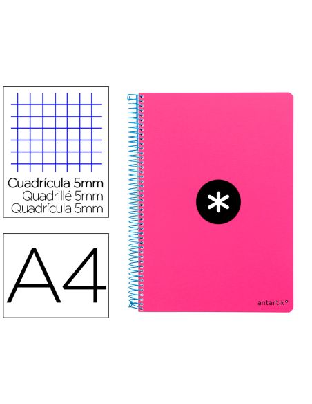 Cuaderno Espiral Antartik A4 Micro Tapa Dura 80H 100 Gr Cuadro 5Mm Sin Bandas 4 Taladros Color Rosa Fluor