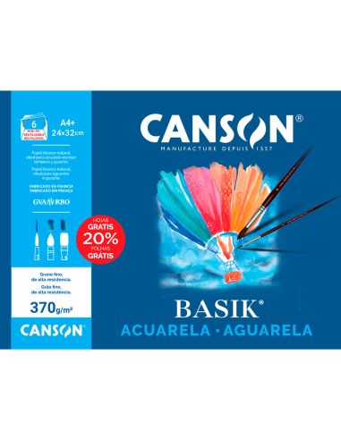 Papel Acuarela Basik Canson Din A4+ 370 Gr Pack De 6 Hojas