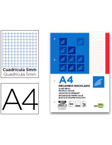 Bloc Encolado Liderpapel Cuadro 5Mm Rojo A4 Natural 100 Hojas 70 G/M2