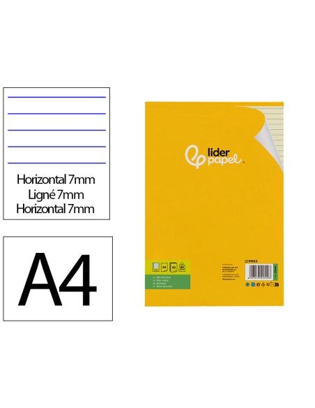 Bloc Notas Liderpapel Encolado A4 Rayado Horizontal 50 Hojas 80 Gr Color Amarillo