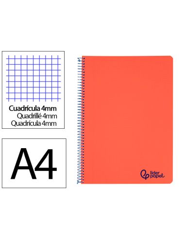 Cuaderno Espiral Liderpapel A4 Wonder Tapa Plastico 80H 90Gr Cuadro 4Mm Con Margen Color Rojo