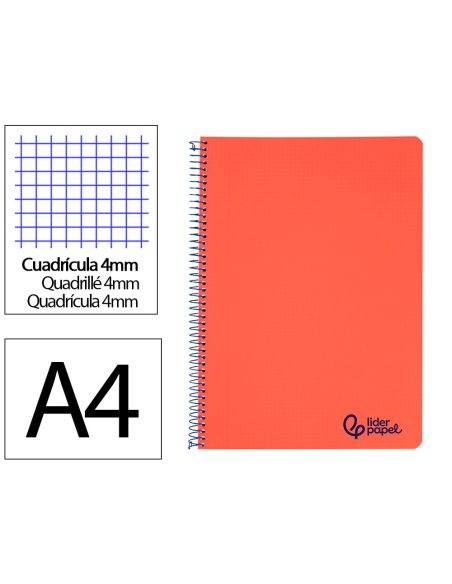 Cuaderno Espiral Liderpapel A4 Wonder Tapa Plastico 80H 90Gr Cuadro 4Mm Con Margen Color Rojo