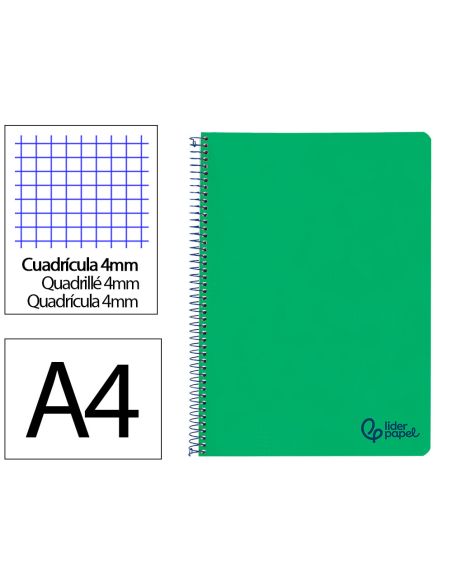Cuaderno Espiral Liderpapel A4 Wonder Tapa Plastico 80H 90Gr Cuadro 4Mm Con Margen Color Verde Oscuro