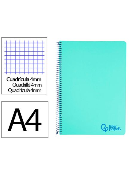 Cuaderno Espiral Liderpapel A4 Wonder Tapa Plastico 80H 90Gr Cuadro 4Mm Con Margen Color Verde Pastel