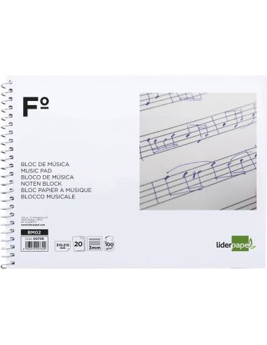 Bloc Musica Liderpapel Pentagrama 3Mm Folio Apaisado 20 Hojas 100G/M2