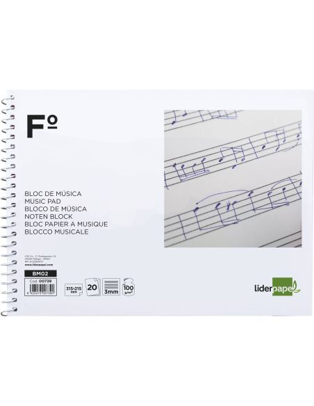 Bloc Musica Liderpapel Pentagrama 3Mm Folio Apaisado 20 Hojas 100G/M2