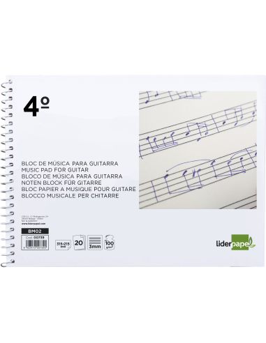 Bloc Musica Liderpapel Para Guitarra Hexagrama 3 Mm Cuarto 20 Hojas 100G/M2