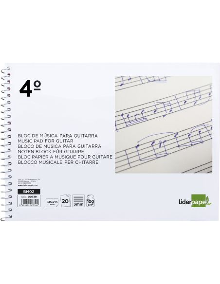 Bloc Musica Liderpapel Para Guitarra Hexagrama 3 Mm Cuarto 20 Hojas 100G/M2