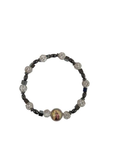 Brazalete hematites Virgen del Carmen bolas cristales 8mm blancos