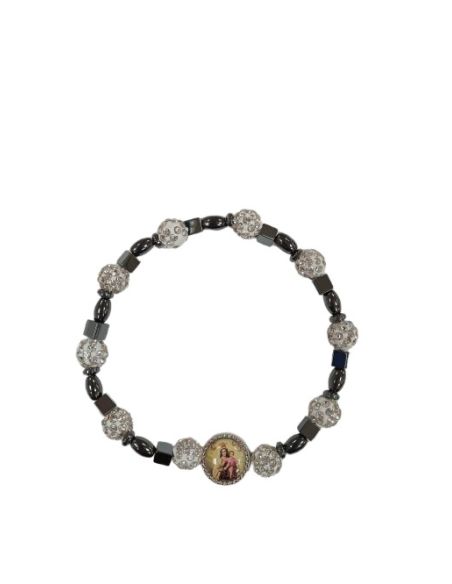 Brazalete hematites Virgen del Carmen bolas cristales 8mm blancos