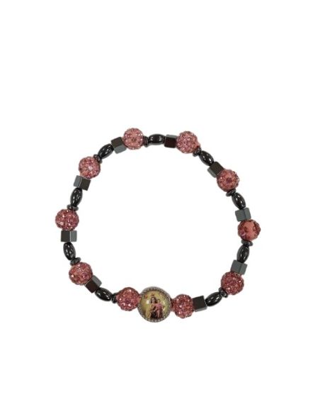 Brazalete hematites Virgen del Carmen bolas cristales 8mm rosas