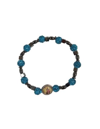 Brazalete hematites Virgen del Carmen bolas cristales 8mm celestes