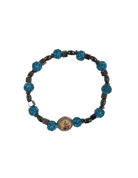 Brazalete hematites Virgen del Carmen bolas cristales 8mm celestes