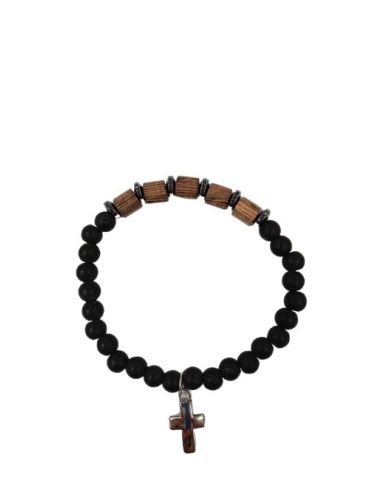 Brazalete Cristal Madera Hematites Con Cruz