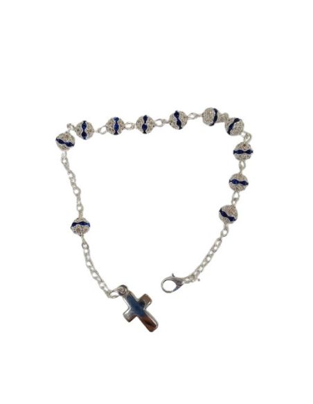 Pulsera C/Cruz Bola 6Mm Cristales Azul Oscuro