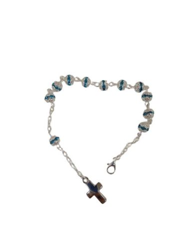 Pulsera C/Cruz Bola 6Mm Cristales Celeste