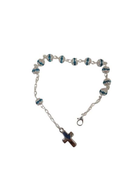 Pulsera C/Cruz Bola 6Mm Cristales Celeste