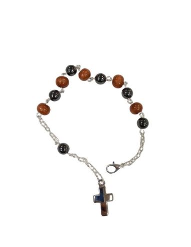 Pulsera Redonda Hematites 5Mm Madera Con Cruz